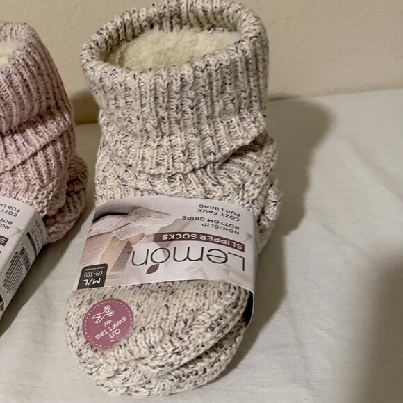 (Bundle 2) Lemon Women's Cozy Turn Cuff Slipper Socks M/L Ivory & Pink Non Slip - Picture 10 of 14